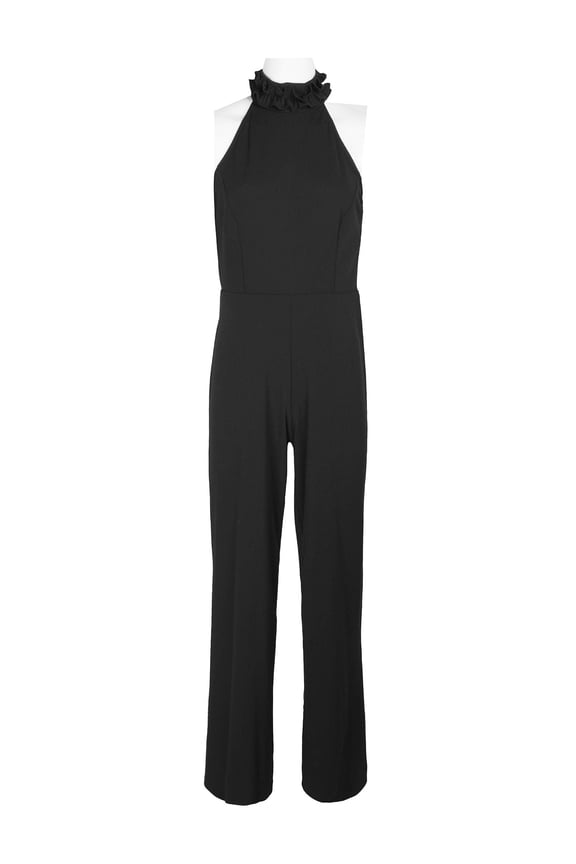 Ruffled Halter Neck Keyhole Back Solid Jumpsuit-BLACK / 4