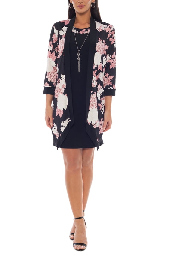 Scoop Neck Sleeveless Sheath Silhouette Top With Open Front Floral Print Jacket Color: PINK MULTI, Size: 14
