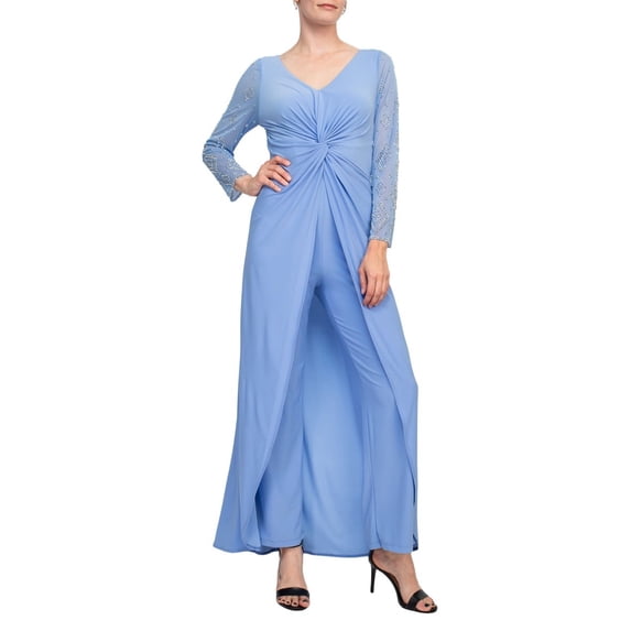 Marina V Neck Long Beaded Sleeves Back Zipper Knot Twist Jersey Jumpsuit