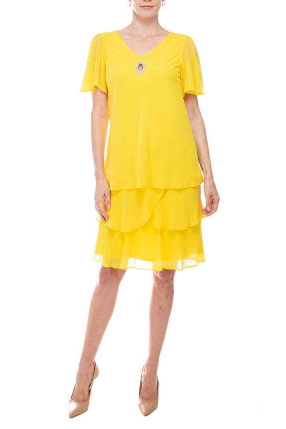 crew neck embellished keyhole front short sleeve tiered solid chiffon dress by Curated Brands