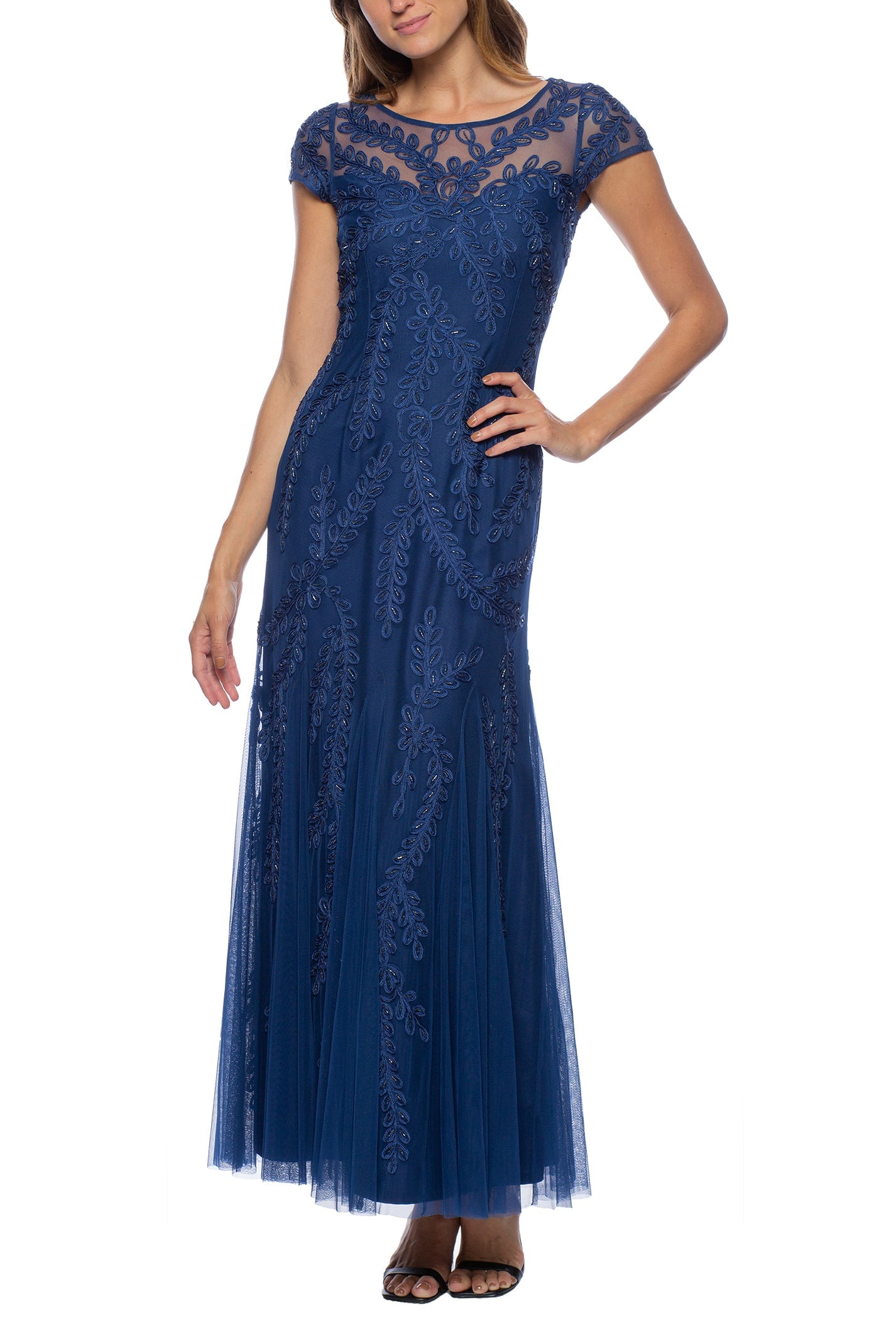 Illusion Neck Chiffon Dresses with Cap Sleeves Dark Navy