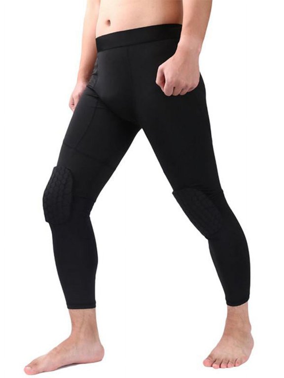 Men's Basketball Pants with Knee Pads 3/4 Capri Padded Compression Leggings Sports Protector Gear