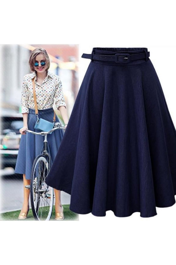 Vintage Womens Mid-Calf High Waist Denim Skirt Long Flared A line Long Skirt Dress