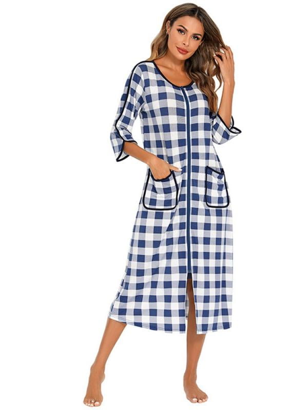 MarinaVida Women Robe Zipper Front House Coat 3/4 Sleeve Nightgown Full