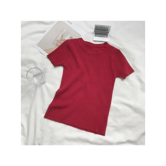 MarinaVida Women's Fashion O Neck Solid Short Sleeve Knitted Sexy Slim Pullover T-Shirt