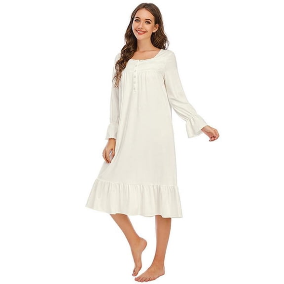 MarinaVida Womens' Cotton Nightgown Long Sleeve Sleepwear Vintage Nightshirt Dress