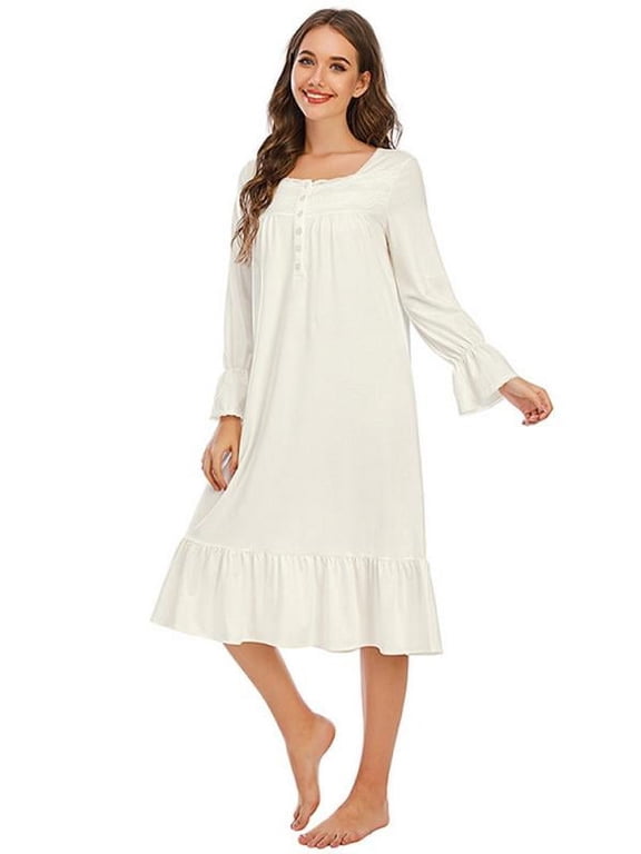 Womens' Cotton Nightgown Long Sleeve Sleepwear Vintage Nightshirt Dress