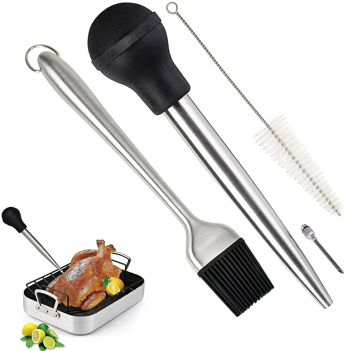 Marinade Injector Pump Drip, Meat Seasoning Syringe, Flavor Syringe Turkey Baster with Cleaning Brush, Silicone Pastry Brush for BBQ Meat Beef Chicken Pastries Jam