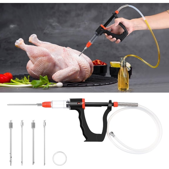 Marinade Injector Syringe for Smoking, Meat Injector Syringe with 3 Flow Settings, 4 Precision Needles & 33.46in Hose Ideal Meat Syringe Pump for BBQ, Smoking, Turkey and Holiday Feasts