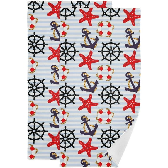 Marine Anchor Pattern Hand Towels, Steering Wheel Lifebuoy Kitchen Towel Ultra Soft and Absorbent,Decorative Fingertip Face Towel for Bathroom Hotel, 2 PCS, 28.3"x 14.4"