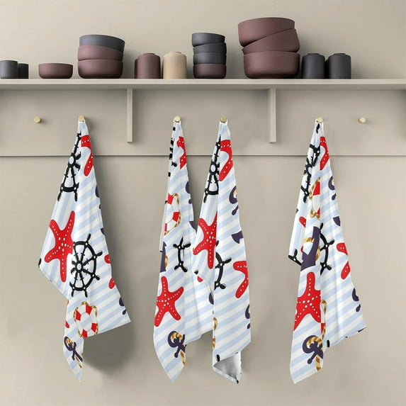 Marine Anchor Pattern Tea Towels Set of 6 Steering Wheel Lifebuoy Kitchen Dish Cloth with Hanging Loop, 18"x28"Lint-Free Absorbent Towel for Kitchen Drying Wiping and Cleaning
