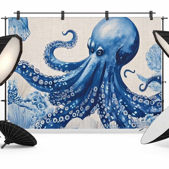 Marine Animal Backdrop for Photography, Octopus Coral Shell Linen Texture Photo Backdrop Portrait Background Party Banner Photo Backgrounds for Studio Booth Props, 10x8ft