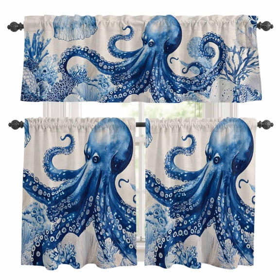 Marine Animal Kitchen Curtains Valances and Tiers Set of 3 Octopus Coral Shell Linen Texture Tier Curtains and Valance with Rod Pocket for Small Windows, 27.5"x24"