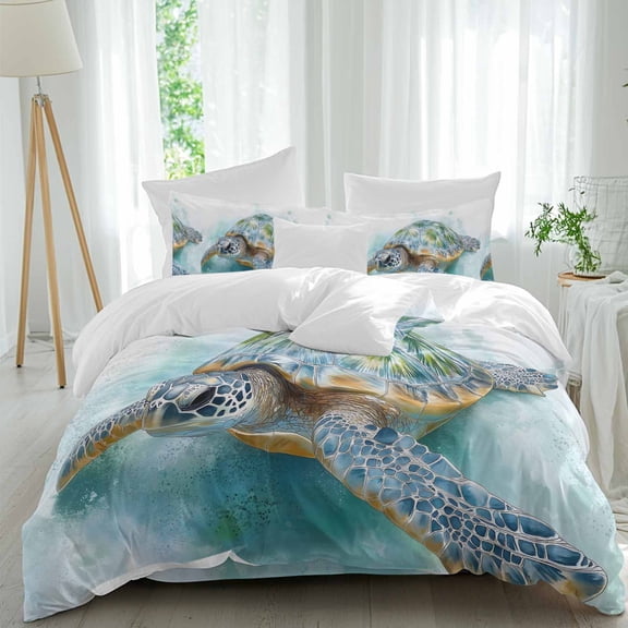 Marine Animal Queen Size Comforter Set, Ocean Blue Turtle Abstract Modern Art Bedding for All Seasons, 4 Pcs Bed Set, 1Quiltcover (90"x92") ,1Sheet(94"x116"), 2Pillowcases (30"x20")