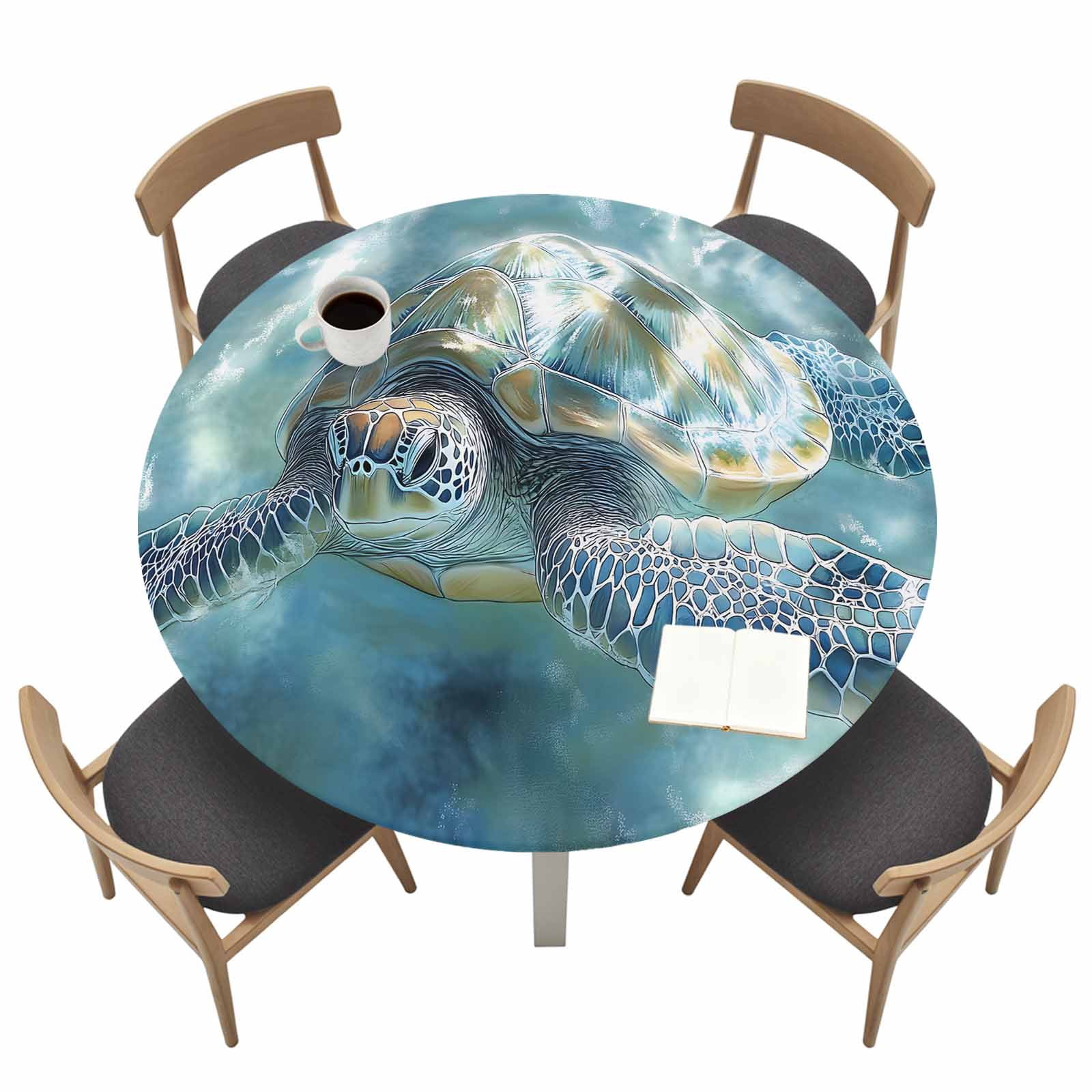 Marine Animal Round Fitted Tablecloth Ocean Turtle Abstract Style ...