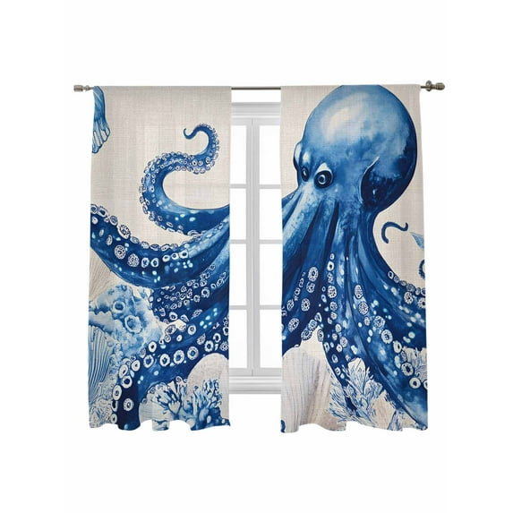 Marine Animal Sheer Curtains 2 Panels Set Octopus Coral Shell Linen Texture Lihgt Filtering Rod Pocket Voile Drape, Semi Sheer Window Curtains for Bedroom Living Room, 52"x72"