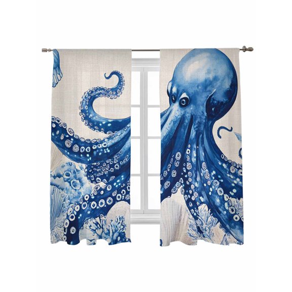 Marine Animal Sheer Curtains 2 Panels Set Octopus Coral Shell Linen Texture Lihgt Filtering Rod Pocket Voile Drape, Semi Sheer Window Curtains for Bedroom Living Room, 52"x63"