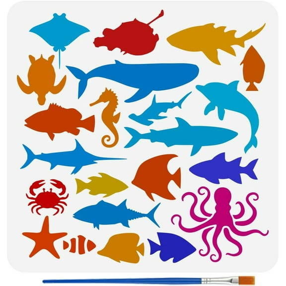 Marine Animal Silhouettes Painting Template with Brush 11.8x11.8inch Sharks Template Marine Animal Theme Painting Stencil Dolphins Painting Stencils Reusable DIY Art Craft Stencil Colorful
