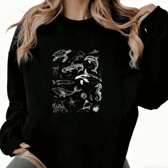 Marine Animals Graphic Soft Breathable Regular Fit Tee T-Shirt Print Top Round-neck long-sleeved Black S-3XL