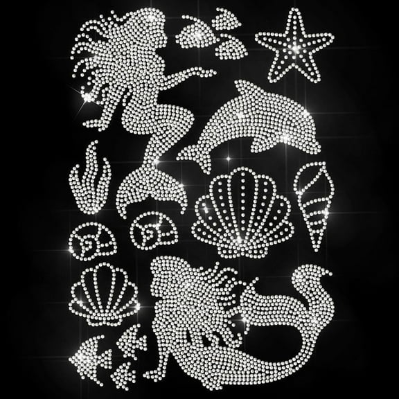 Marine Animals Rhinestone Iron on Transfer Mermaids Heat Transfer Decal Seaweed Tropical Fish Hot-fix Rhinestone Transfers Ocean Life Diamond Iron on Stickers