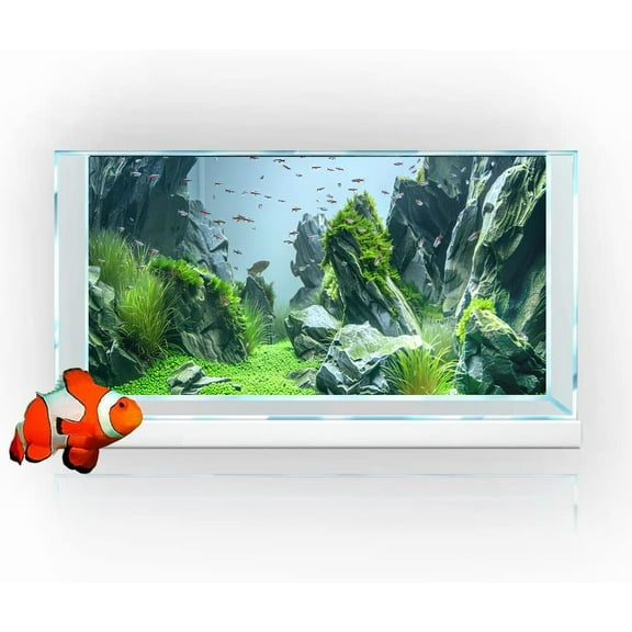 Marine Aquarium Background, Sea Rock Green Landscape Fish Tank Background, Nature Photo Terrarium Background with 8 EVA Double-Sided Tape, 48X20IN