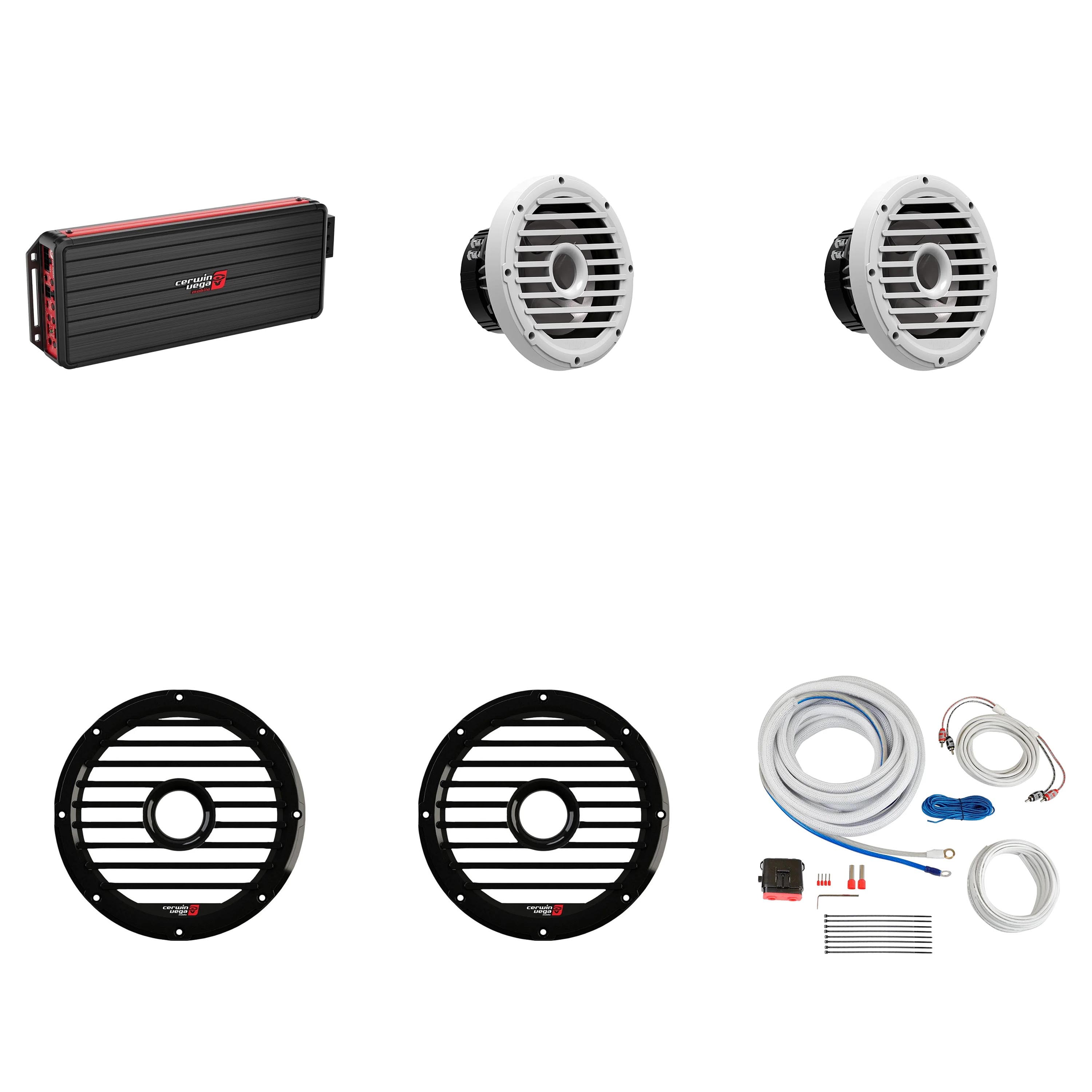Cerwin Vega Marine Bass Upgrade 4 Channel Amplifier with (2) 10" 4-Ohm Black Subwoofers and Install Kit