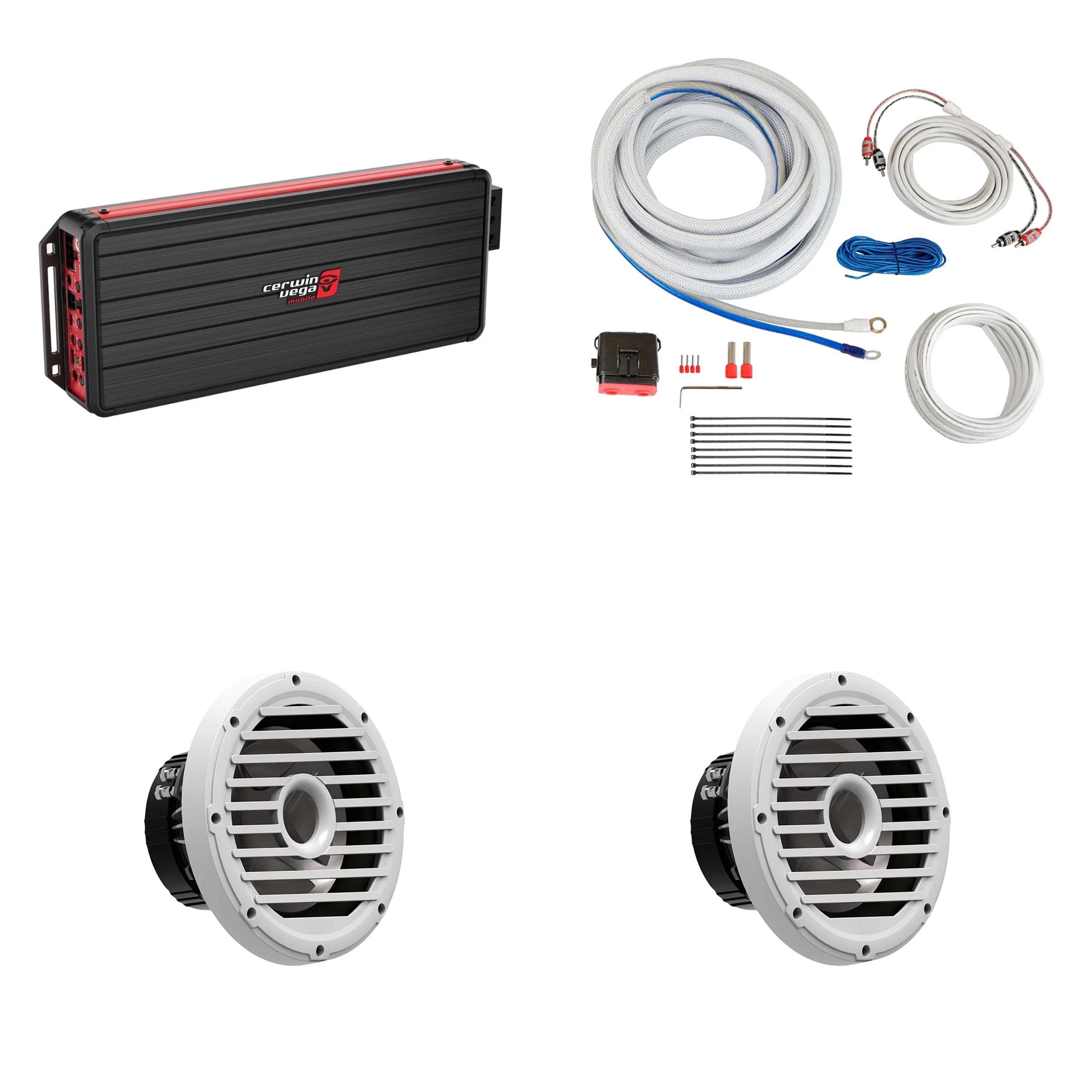 Cerwin Vega Marine Bass Upgrade 4 Channel Amplifier with (2) 10" 4-Ohm White Subwoofers and Install Kit