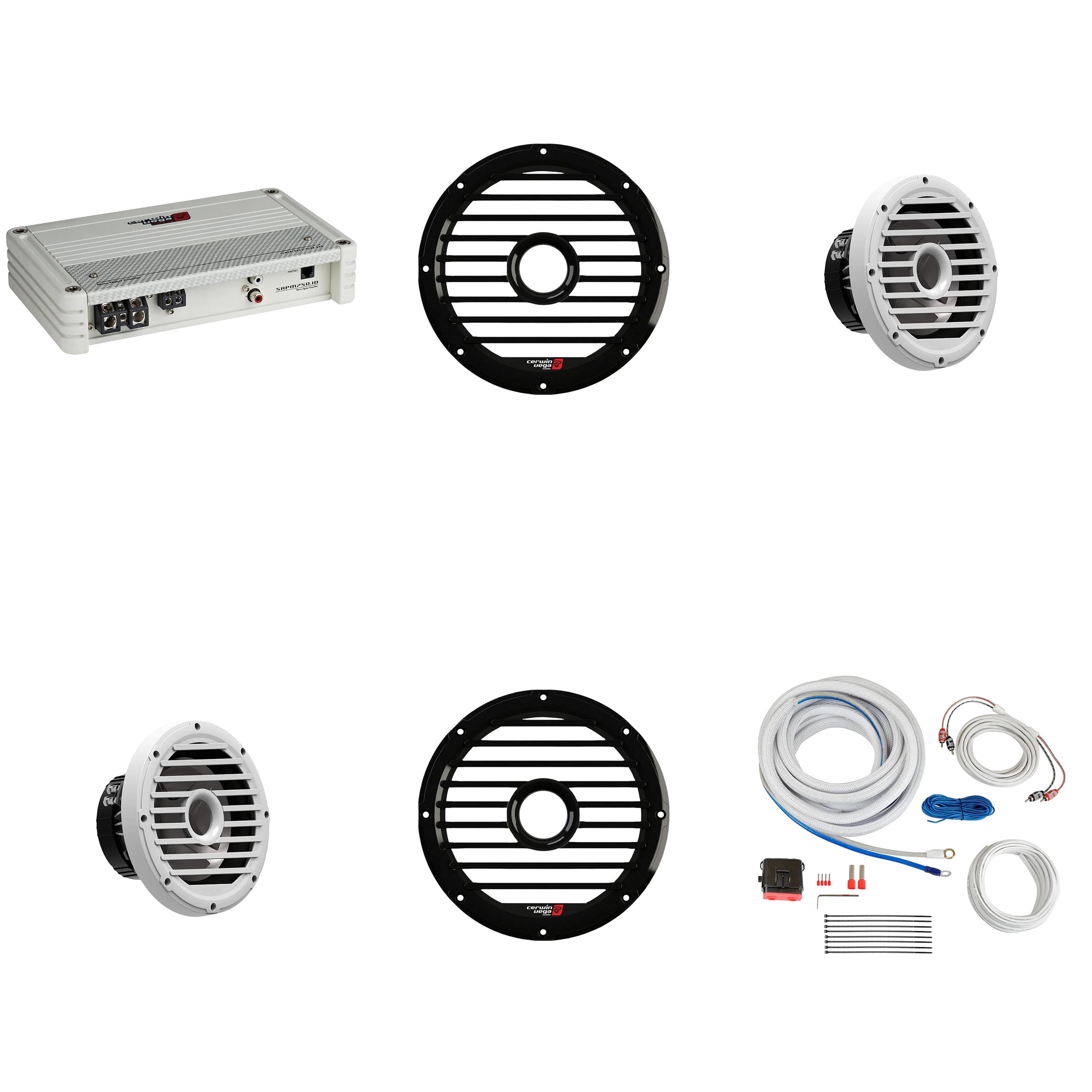 Cerwin Vega Marine Bass Upgrade Stroker Mono Amplifier with (2) 10" 4-Ohm Black Subwoofers and Install Kit