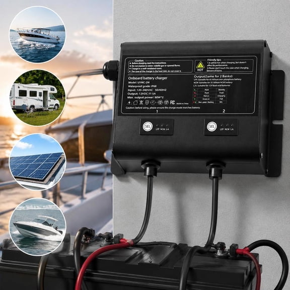 Marine Battery Charger, 2-Bank 5A 12V Onboard Charger, IP68 Waterproof Smart Charger Compatible with Lifepo4 Lithium Lead-Acid, for RV Yacht Boat