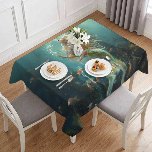 Marine Beautiful Mermaid Fish Table Cloth 60x84in, Waterproof Rectangle Tablecloth Wipeable Tablecloths Undersea Ocean Life Seaweed Table Covers for Dining Tables Party Indoor Outdoor
