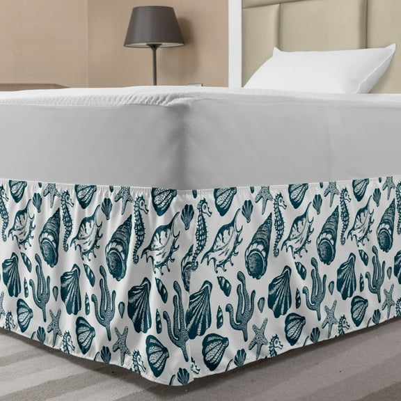 Marine Bed Skirt, Vintage Sketch of Nautical as Seashells Seahorses and Starfish, Elastic Bedskirt Dust Ruffle Wrap Around for Bedding Decor, 4 Sizes, White and Dark Teal, by Ambesonne