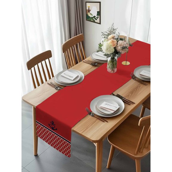 Marine Black Anchor Table Runner 13x70in Non-Slip Cotton Linen Table Runners, Modern Minimalist Stripe on Red Dresser Scarves TableRunner for Dinner Kitchen Dining Wedding Party