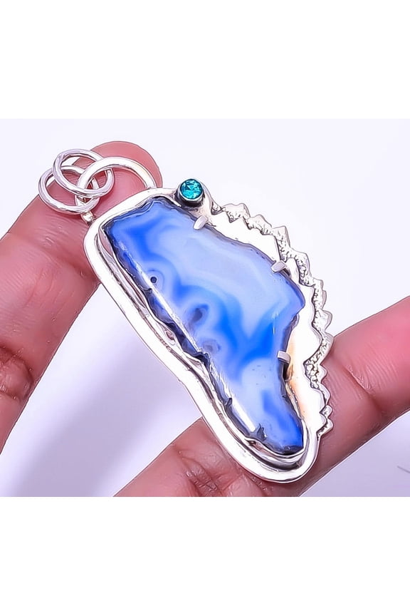 Marine Blue Geode Agate Drusy Gemstone 925 Sterling Silver Pendant 2.54" A389, Christmas Gift, Gemstone Silver Jewelry, Drusy Quartz Pendant, New Year