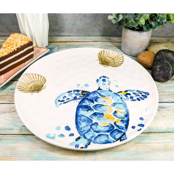 Marine Blue Sea Turtle And Golden Sea Shells Ceramic Dinner Plates Set Of 2