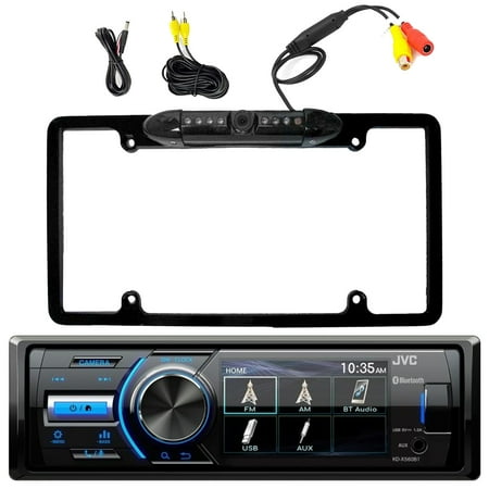 Marine Bluetooth USB AUX AM/FM Single DIN Digital Media Stereo Receiver w/ Rear View Cam Input and Independent Camera Key, Enrock Waterproof License Plate Black Back Up Camera