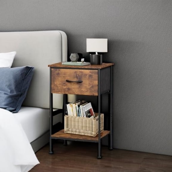 Marine Boat Storage Night Stand with Fabric Storage Drawer and Open Wood Shelf, Small Furniture End Table, Wooden Top,Fabric Cabinet, Small End Side Table,Bedside Table for Small Spaces,Easy Assembly