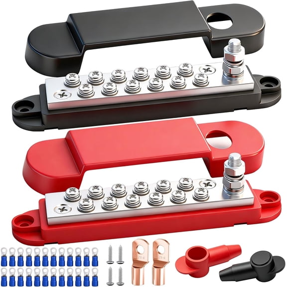 Marine Bus Bar 12V 150A 1/4" Stud Power Distribution Block, Buckle Designed Bottom Battery Busbar, Automotive Buss Bar 12v for Car, Boat and Solar Wiring (Black+Red)