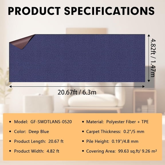 Marine Carpet,5 FT x 20 FT Deep Blue Indoor Outdoor Rug 0.2" Thick Boat Carpeting with Water-Proof TPE Backing, Non-Slip Outdoor Marine Carpet Roll for Home, , Porch, Deck