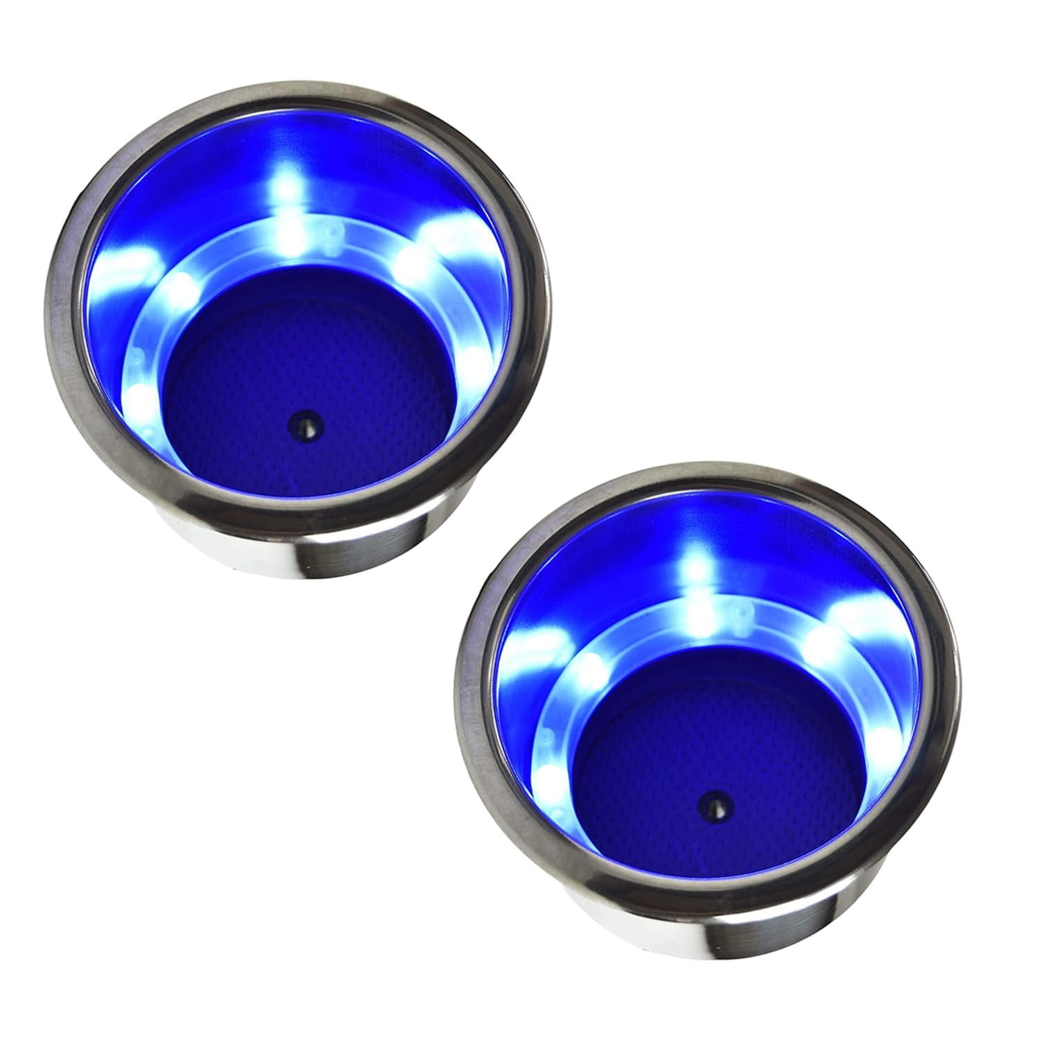 Marine City Drink Cup Holder with Drain, 304 Stainless Steel, 8 Blue LED Lights, Corrosion-Resistant Easy Installation, for Boats Yachts Ships Kayaks, 2-Pack