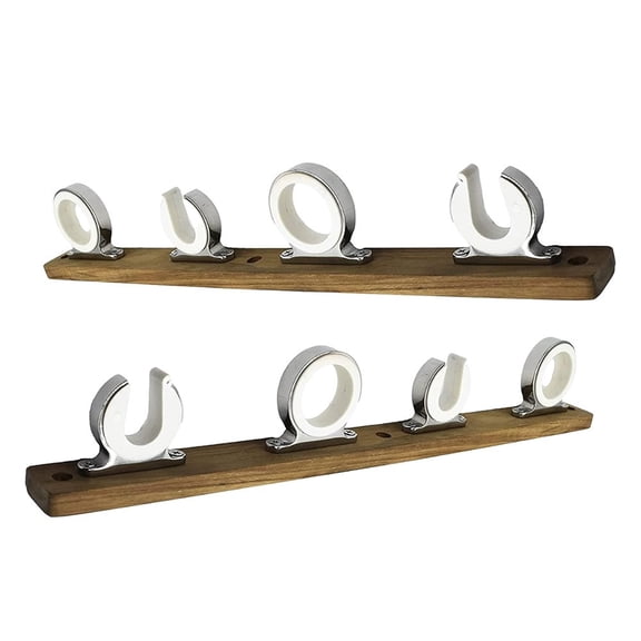 Marine City Teak Base 4-Rod Reel Board, 316 Stainless Steel Fishing Rod Storage Hanger Rack, 2.71 inch Length, for Boats, Vans and Cars, pack of 1
