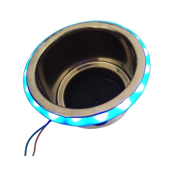 MARINE CITY Blue LED Light Cup Holder with Center Drain, Stainless Steel, Durable, Corrosion-Resistant, Easy Installation for Boats, Poker Tables, Yachts, Ships Pack of 1