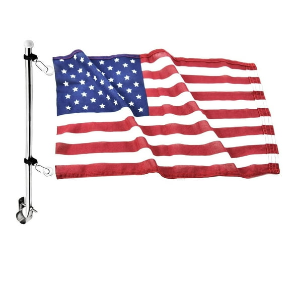 MARINE CITY 304 Stainless Steel Rail Mount Flag Staff Pole with Adjustable Clamps and 12x18 Inches US Flag, Bright Polished Attractive Finish, Ideal for Marines, Boats, Yachts