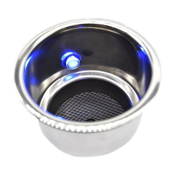 Marine City Drink Cup Holder with Drain, Stainless Steel, Blue LED Light, Durable Corrosion-Resistant Easy Installation, for Boats Poker Tables Yachts Ships, 1-Pack
