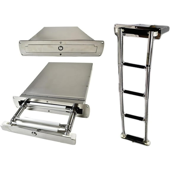 Marine City Marine Grade 316 Stainless Steel Concealed Box Flush Mount Yacht Telescopic 4-Step Ladder