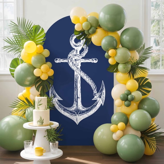 Marine Coastal Anchor on Military Blue Arch Backdrop Cover Spandex Fitted Arch Cover 6.6FT,Arches Backdrop Stand Covers for Wedding Birthday Party Ceremony Banquet Decoration Coastal Nautical