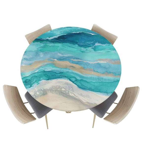 Marine Coastal Wave Turquoise Ombre Fitted Round Tablecloths Elastic Edged Table Covers 36-44in,Abstract Ocean Sea Shore Waterproof Dining Room Table Cloth for Kitchen Holiday Party Tables Decor