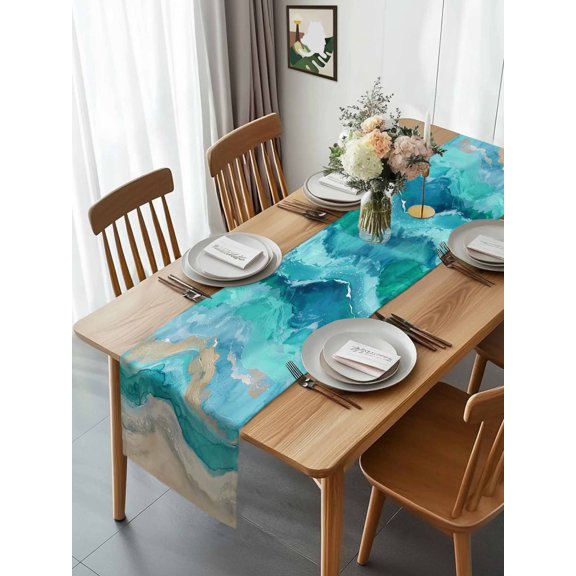 Marine Coastal Wave Turquoise Ombre Table Runner 13x70in Non-Slip Cotton Linen Table Runners, Abstract Ocean Sea Shore Dresser Scarves TableRunner for Dinner Kitchen Dining Wedding Party