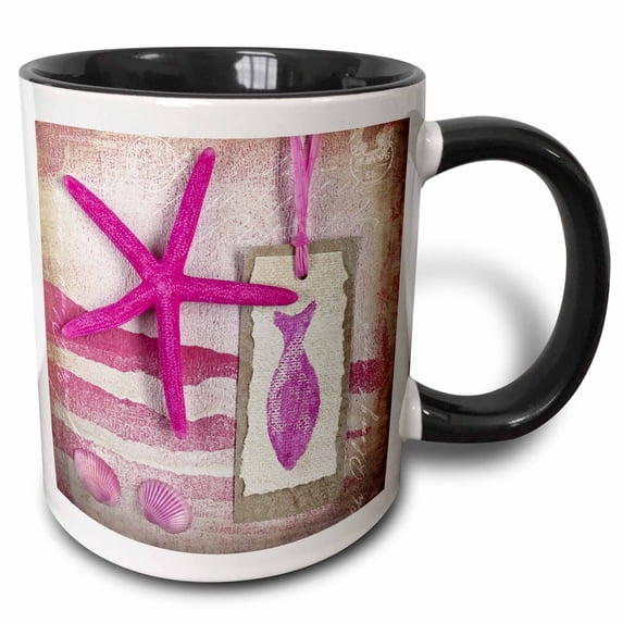 3drose, Marine Collage Painting with Pink Starfish, 11oz Two-tone Black Mug