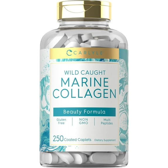 Marine Collagen Pills | 250 Caplets | Wild Caught Collagen Peptides | with Hyaluronic Acid | by Carlyle