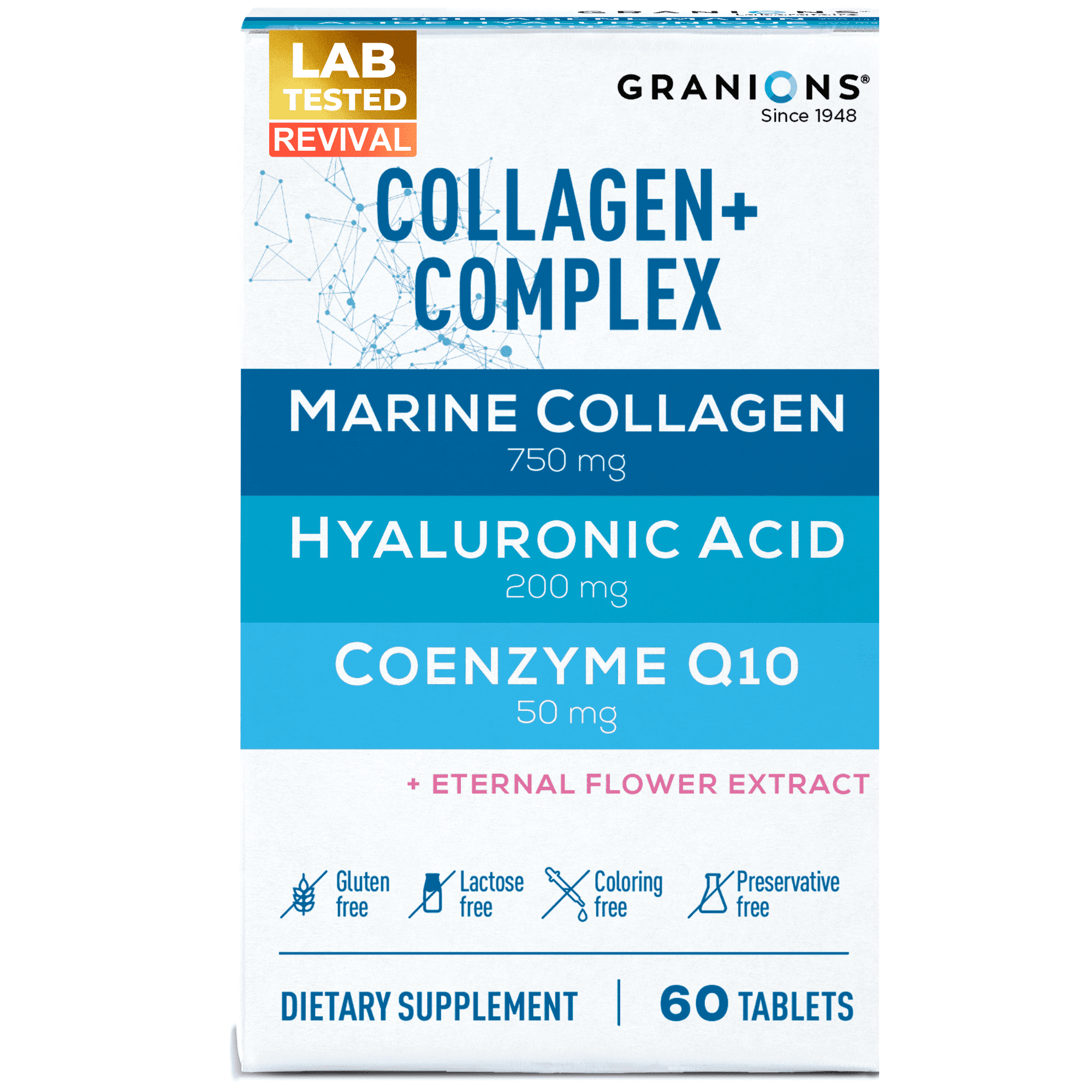 Granions Hyaluronic Acid Complex Tablets, Marine Collagen + Coq10, Age Defense Supplements, 60 units
